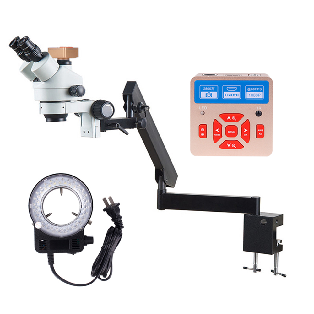 Trinocular Stereo Microscope 7X-45X - フレキシブルアーム固定クランプ顕微鏡 7X-45X ズーム三眼ステレオデジタルカメラ LED ライトズームスキャフォールド粗調整